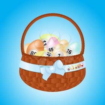 Brown Easter Basket with Ribbon and Bow Filled with Bingo Eggs Background