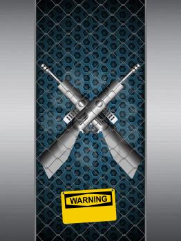 Guns Crossing in A Brushed Metallic Cage with Yellow Warning Sign Background