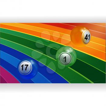 3D Illustration of Three Bingo Lottery Balls Rolling Over Curved Multicoloured Rainbow Panel 