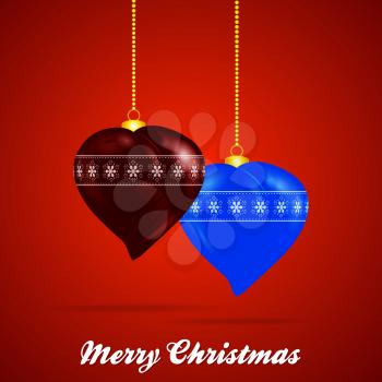 3D Illustration of Heart Shaped Christmas Baubles with Golden Chains and Decorative Text Over Red Background