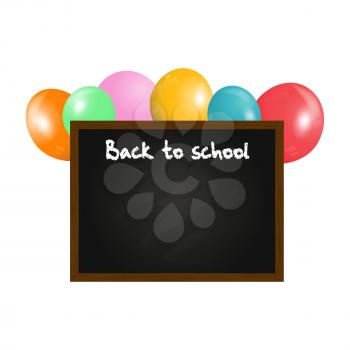 Back To School Copy Space Black Board with Wooden Frame and Colored Balloons on White Background