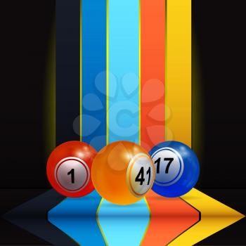 3D Illustration of Trio Of Bingo Lottery Balls Over Vertical Multicoloured Stripes and Shelve with Shadows on Black Background