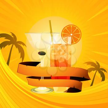 Cocktails Glasses with ice cubes and Orange Wrapped in a Vintage Banner Over Tropical Background