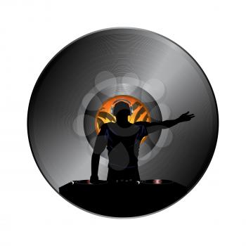 DJ Black Silhouette With Record Deck Turntables and Headphone Over Vinyl Record Disc on White Background
