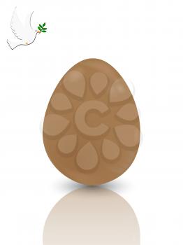 3D Illustration Of Chocolate Easter Egg With Reflection Over White Background With White Dove And Olive Branch Sticker
