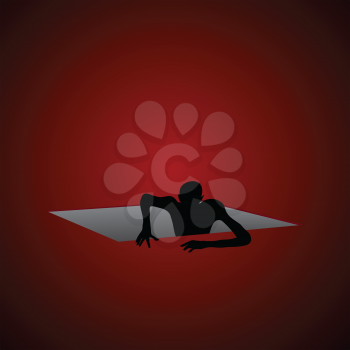 Scary Black Silhouette Of A Zombi Coming Out From A Hole Over Dark Red Background