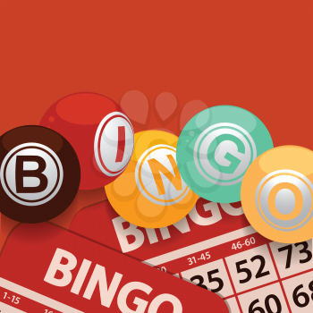 Bingo Balls With Letters Stating The Word BINGO In Vintage 70s Colours Over Bingo Cards And Retro Red Background