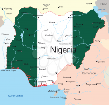 Royalty Free Clipart Image of a Map of Nigeria With the Flag Painted on It