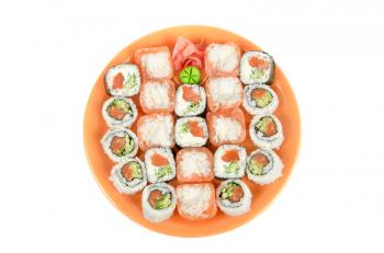 Closeup japanese sushi set at plate on a white