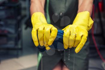 Cleaning concept. Closeup photo of woman cleaning at the office