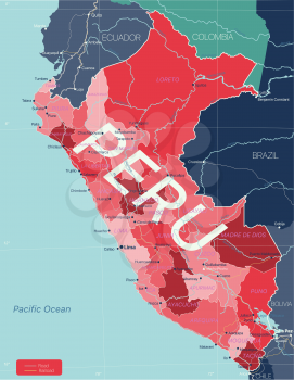 Peru country detailed editable map with regions cities and towns, roads and railways, geographic sites. Vector EPS-10 file