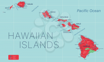 Hawaii state detailed editable map with with cities and towns, geographic sites, roads, railways, interstates and U.S. highways. Vector EPS-10 file, trending color scheme