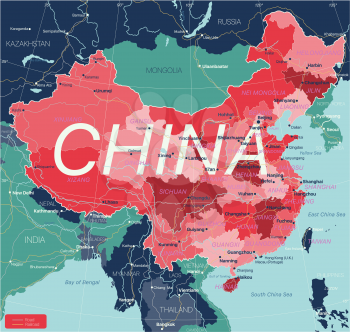 China country detailed editable map with regions cities and towns, roads and railways, geographic sites. Vector EPS-10 file