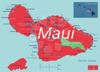 Maui island detailed editable map with with cities and towns, geographic sites, roads, interstates and U.S. highways. Vector EPS-10 file, trending color scheme