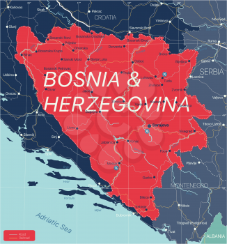 Bosnia and Herzegovina country detailed editable map with regions cities and towns, roads and railways, geographic sites. Vector EPS-10 file