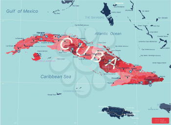 Cuba country detailed editable map with regions cities and towns, roads and railways, geographic sites. Vector EPS-10 file