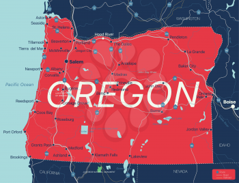 Oregon state detailed editable map with cities and towns, geographic sites, roads, railways, interstates and U.S. highways. Vector EPS-10 file, trending color scheme