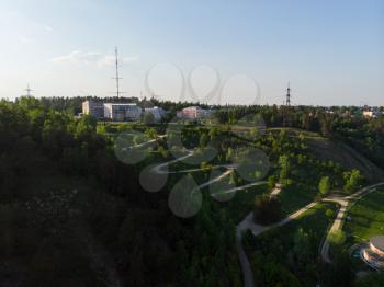 Aerial top vew of winding road in the city, drone shot