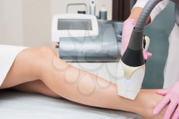 Closeup photo of woman getting laser hair removal procedure on her legs in modern clinic. Cosmetology and SPA concept