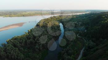 Aerial view of big siberian Ob river and boats in beauty summer day, 4K drone footage.