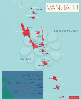 Vanuatu detailed editable map with cities and towns, geographic sites. Vector EPS-10 file