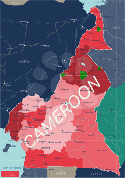 Cameroon country detailed editable map with regions cities and towns, roads and railways, geographic sites. Vector EPS-10 file