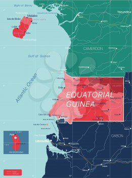 Equatorial Guinea country detailed editable map with regions cities and towns, roads and railways, geographic sites. Vector EPS-10 file
