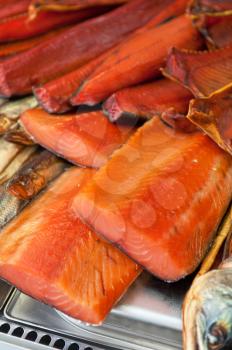 Fish shop: closeup of smoked salmon fish