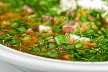 Traditional Russian kvass soup with vegetables - okroshka