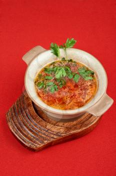 Russian ukraine cuisine - borsch dish on red background