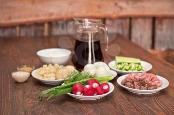 Traditional Russian kvass soup with vegetables - okroshka