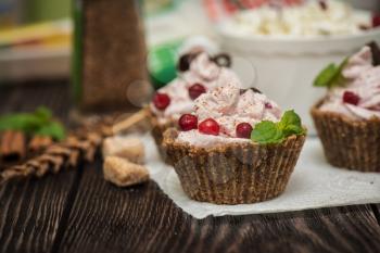 Homemade dessert from cottage cheese cream biscuit and berries