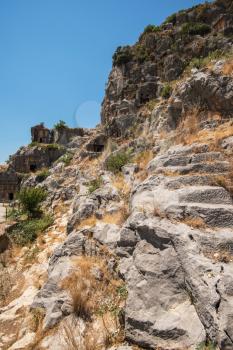 Ancient lycian Myra rock tomb ruins at Turkey Demre