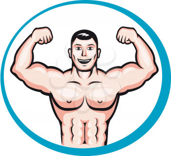 Happy smiling bodybuilder man in cartoon style for sports and health concept design