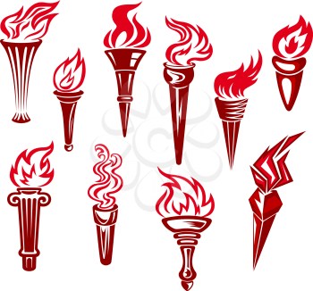Set of flaming torchs icons and symbols isolated on white background