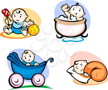 Litlle childs in cartoon style sleeping, washing and playing with toys