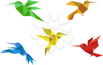 Colorful hummingbirds set in origami paper style on white background