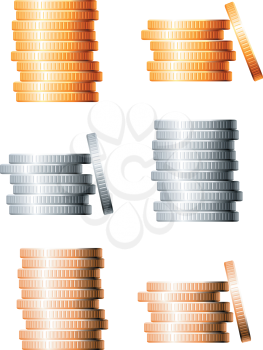 Bronze, silver and gold stacks of coins isolated on white background
