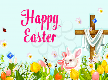Easter egg hunt rabbit with cross greeting poster. Easter eggs hidden in grass of spring flower meadow with bunny, crucifix cross, tulip, lily, narcissus and willow twig. Easter holiday themes design