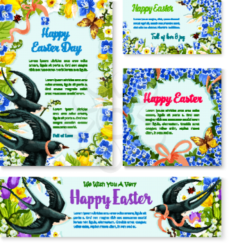 Easter Day spring birds with flower banner template. Easter greeting card and poster, adorned by floral frame of tulip, lily, narcissus and forget-me-not flowers with flying swallow and butterfly
