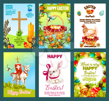 Easter holidays greeting card set. Easter egg hunt rabbit bunny, decorated Easter eggs in basket, spring flower wreath, chicken, lamb of God, cross, willow twigs, candle, butterfly banner design