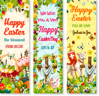 Easter holiday symbols greeting banner set. Easter egg hidden on grass meadow with rabbit bunny, spring flower, egg hunt basket, Easter cake, chicken, lamb of God and crucifix cross with floral wreath