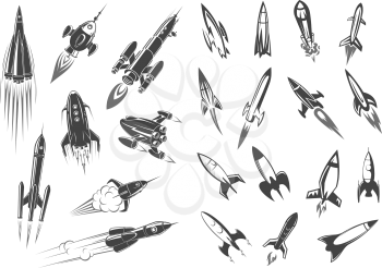 Rocket or spaceships and space shuttle icons for comic cartoon design. Retro missiles spacecraft startup or launch in cosmos with engine fire. Vector symbols of cosmonaut vehicle