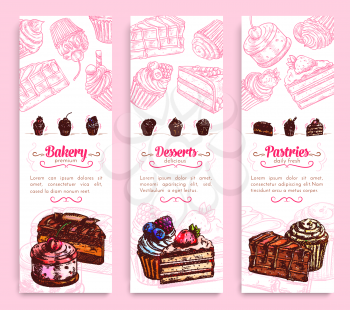 Bakery and pastry shop desserts banner set. Cake, cupcake, chocolate brownie, fruit dessert, muffin, berry pie and pudding with cream, cherry, strawberry, cookie and caramel. Cafe menu flyer design