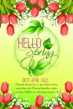 Hello Spring vector poster for April sale. Design of blooming springtime red tulips lily of valley flowers bunch or blossom bouquets for spring holiday shopping discount promo offer
