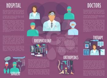 Doctor and nurse, healthcare or medical personnel brochure. Doctors of surgery, therapy, rheumatology and orthopedics hospital with pill, syringe, blood, stethoscope, leg, hand x-ray and medical tool