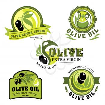 Olive oil product icons of vector green and black olives, bottles and pitchers. Extra virgin olive oil drops for natural organic food store, cooking and cosmetic or pharmaceutical industry