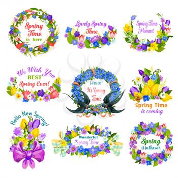 Hello spring floral frame and border icon set. Spring flower wreath of tulip, narcissus, lily, snowdrop and crocus with green leaf, ribbon, bow, butterfly and swallow bird. Spring holidays design