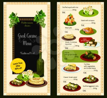 Greek restaurant vector menu template. Cover design with traditional Greece cuisine meat dishes, vegetable salads and soups or appetizer snacks and desserts. Mediterranean food meal lunch offer