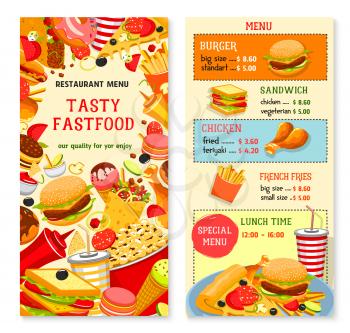 Fast food menu vector template with cover and prices. Fastfood restaurant meals and lunch combo offer of burgers and sandwiches, chicken legs and barbecue wings, pizza and french fries, popcorn or ice